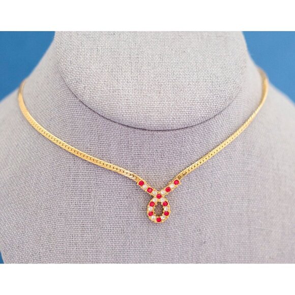 Vintage Golden Infinity Red & White Gem Necklace | Gold Tone Necklace Avon | J9 - Picture 3 of 4